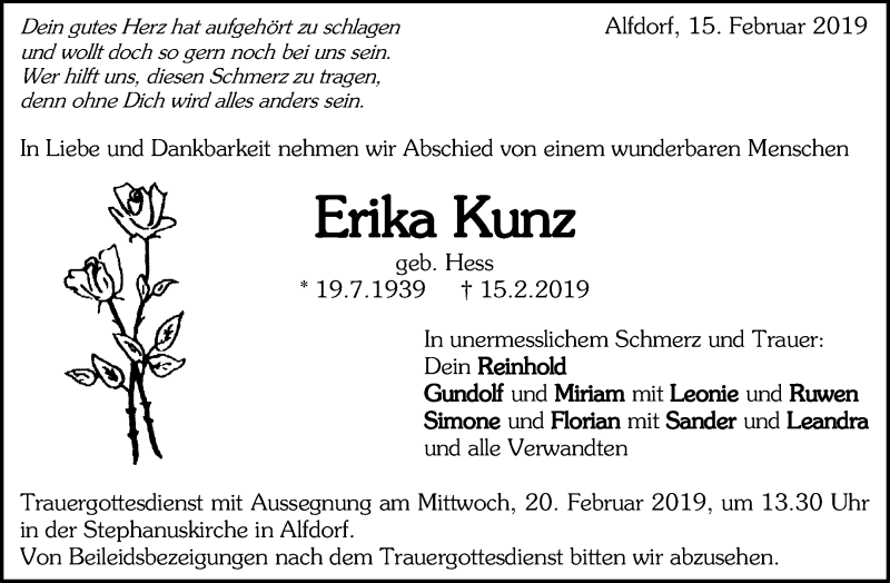  Traueranzeige für Erika Kunz vom 18.02.2019 aus Waiblinger Kreiszeitung