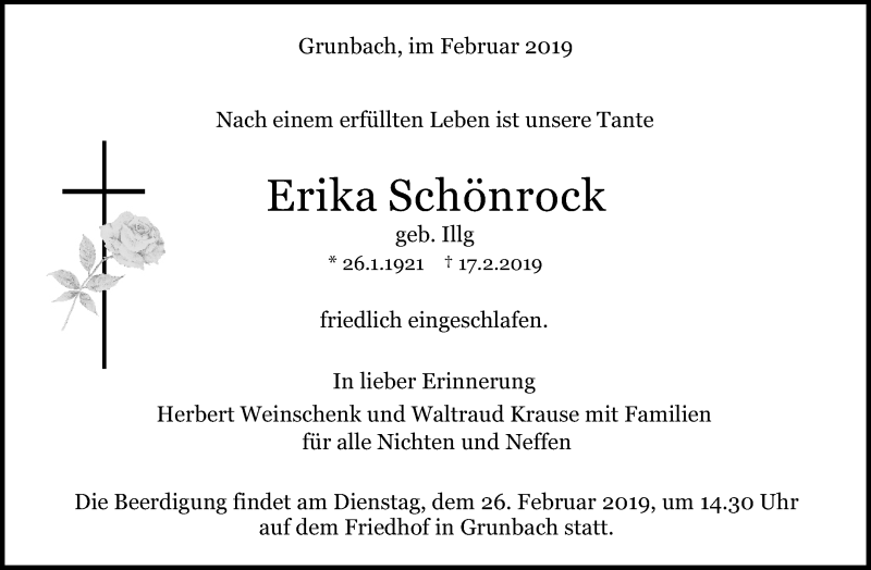  Traueranzeige für Erika Schönrock vom 21.02.2019 aus Waiblinger Kreiszeitung