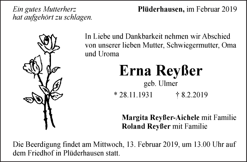  Traueranzeige für Erna Reyßer vom 11.02.2019 aus Waiblinger Kreiszeitung
