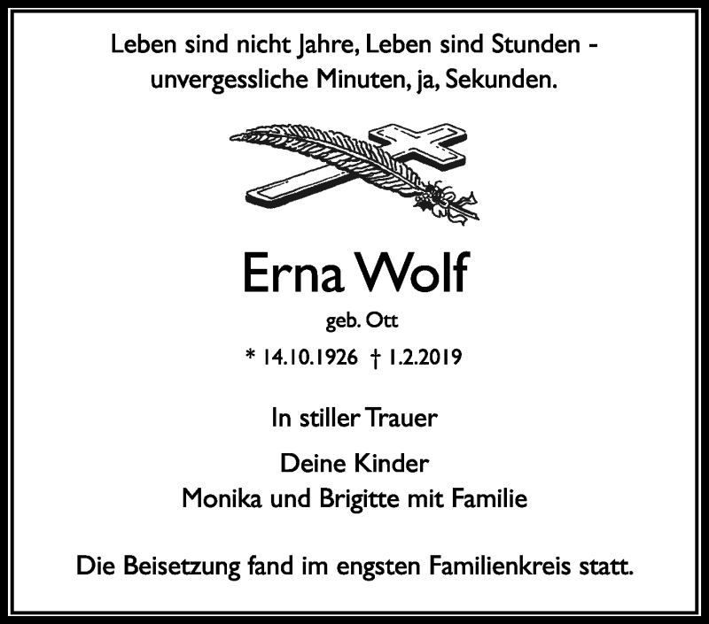  Traueranzeige für Erna Wolf vom 21.02.2019 aus Waiblinger Kreiszeitung