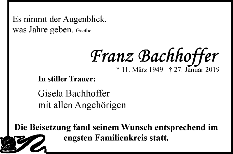  Traueranzeige für Franz Bachhoffer vom 02.02.2019 aus Waiblinger Kreiszeitung
