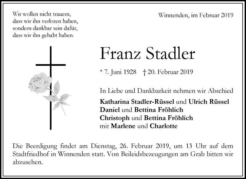  Traueranzeige für Franz Stadler vom 23.02.2019 aus Waiblinger Kreiszeitung
