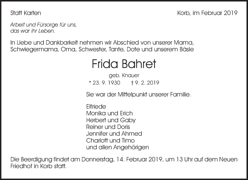  Traueranzeige für Frida Bahret vom 12.02.2019 aus Waiblinger Kreiszeitung