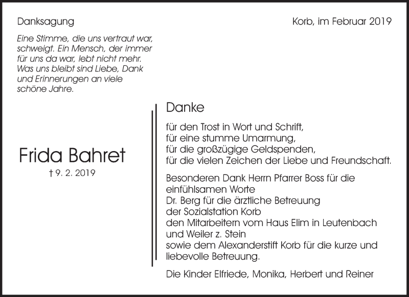  Traueranzeige für Frida Bahret vom 22.02.2019 aus Waiblinger Kreiszeitung