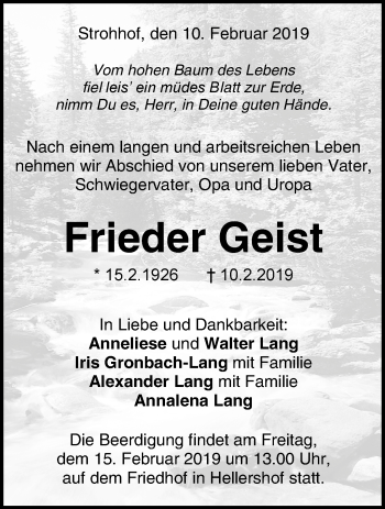 Traueranzeige von Frieder Geist von Waiblinger Kreiszeitung