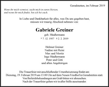 Traueranzeige von Gabriele Greiner von Waiblinger Kreiszeitung