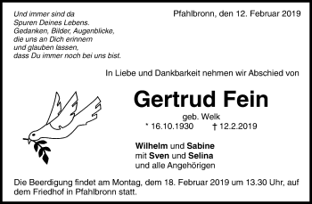 Traueranzeige von Gertrud Fein von Waiblinger Kreiszeitung