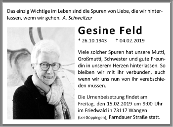 Traueranzeige von Gesine Feld von Waiblinger Kreiszeitung