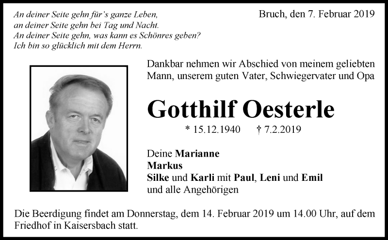  Traueranzeige für Gotthilf Oesterle vom 11.02.2019 aus Waiblinger Kreiszeitung