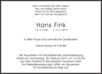 Traueranzeige von Hans Fink von Waiblinger Kreiszeitung
