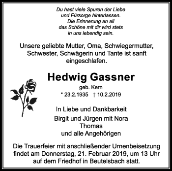Traueranzeige von Hedwig Gassner von Waiblinger Kreiszeitung