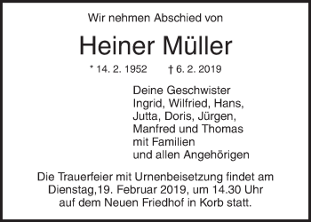 Traueranzeige von Heiner Müller von Waiblinger Kreiszeitung
