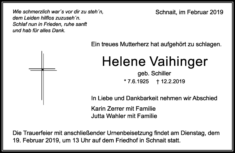  Traueranzeige für Helene Vaihinger vom 16.02.2019 aus Waiblinger Kreiszeitung