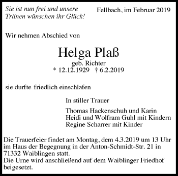 Traueranzeige von Helga Plaß von Waiblinger Kreiszeitung