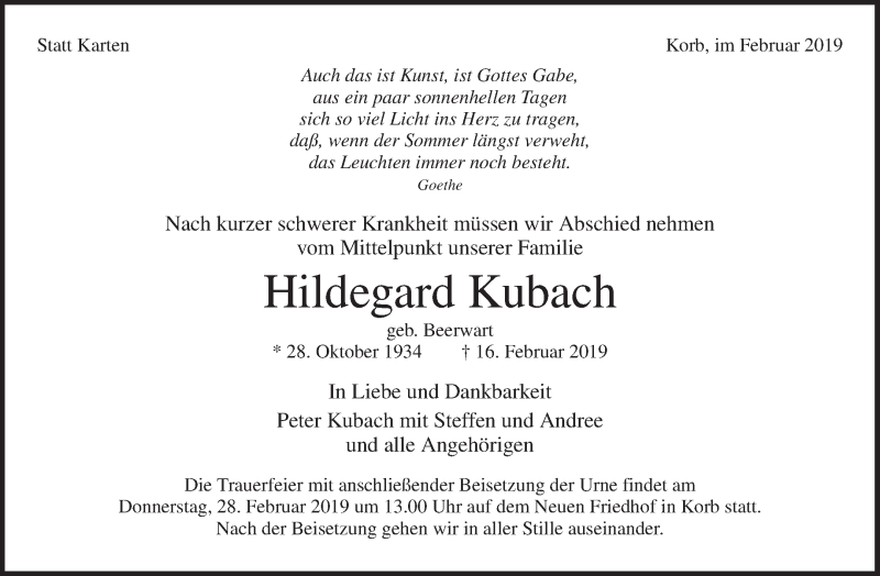  Traueranzeige für Hildegard Kubach vom 25.02.2019 aus Waiblinger Kreiszeitung