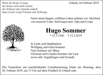 Traueranzeige von Hugo Sommer von Waiblinger Kreiszeitung