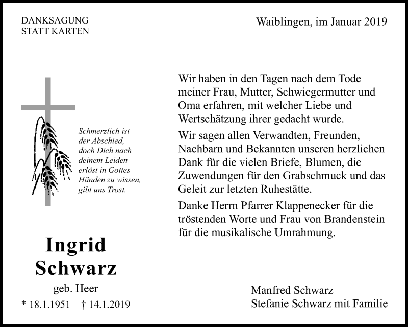  Traueranzeige für Ingrid Schwarz vom 01.02.2019 aus Waiblinger Kreiszeitung