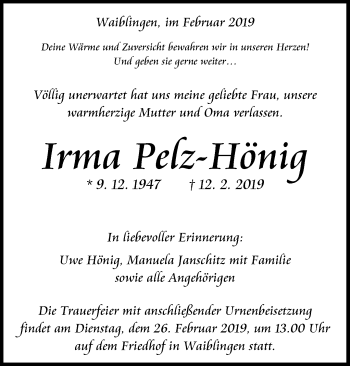 Traueranzeige von Irma Pelz-Hönig von Waiblinger Kreiszeitung