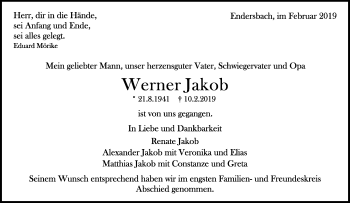 Traueranzeige von Jakob Werner von Waiblinger Kreiszeitung