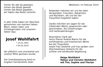 Traueranzeige von Josef Wohlfahrt von Waiblinger Kreiszeitung