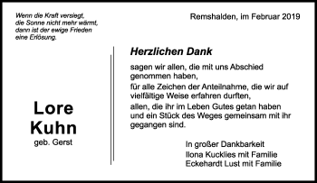 Traueranzeige von Lore Kuhn von Waiblinger Kreiszeitung