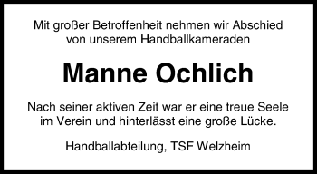 Traueranzeige von Manfred Ochlich von Waiblinger Kreiszeitung