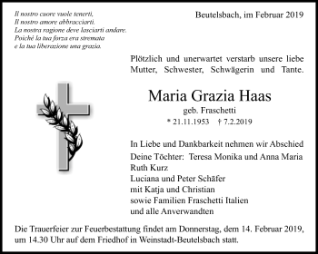 Traueranzeige von Maria Grazia Haas von Waiblinger Kreiszeitung