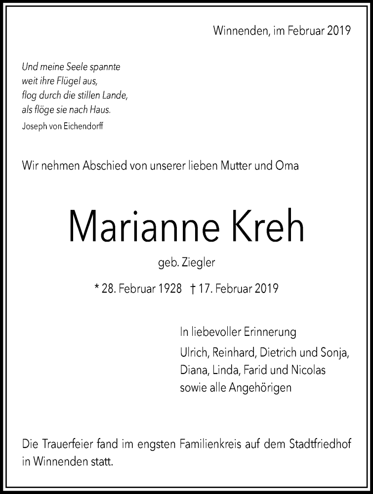  Traueranzeige für Marianne Kreh vom 22.02.2019 aus Waiblinger Kreiszeitung