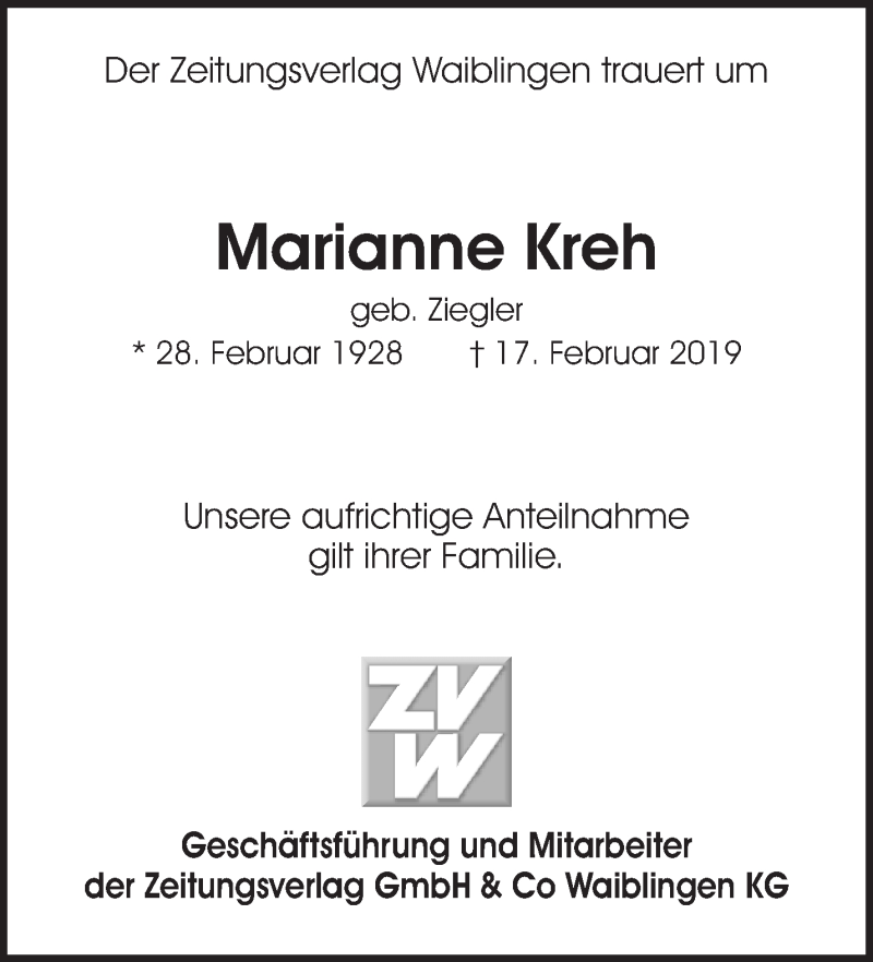  Traueranzeige für Marianne Kreh vom 22.02.2019 aus Waiblinger Kreiszeitung