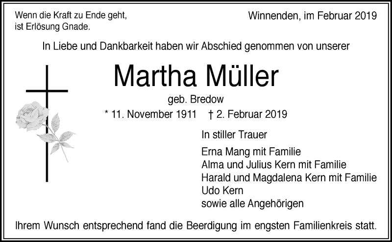  Traueranzeige für Martha Müller vom 13.02.2019 aus Waiblinger Kreiszeitung
