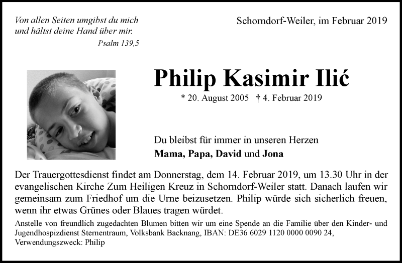 Traueranzeige für Philip Kasimir Ilic vom 09.02.2019 aus Waiblinger Kreiszeitung