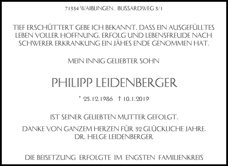  Traueranzeige für Philipp Leidenberger vom 09.02.2019 aus Waiblinger Kreiszeitung