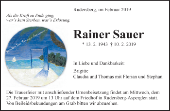 Traueranzeige von Rainer Sauer von Waiblinger Kreiszeitung
