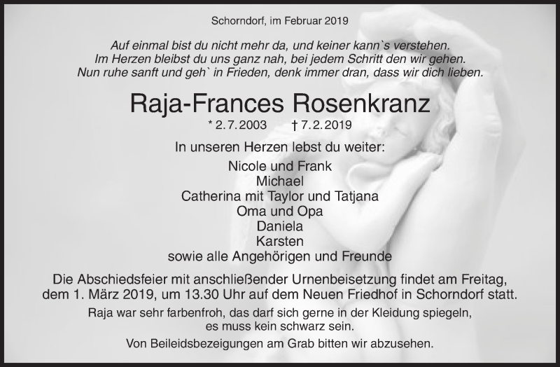  Traueranzeige für Raja-Frances Rosenkranz vom 23.02.2019 aus Waiblinger Kreiszeitung
