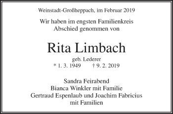 Traueranzeige von Rita Limbach von Waiblinger Kreiszeitung