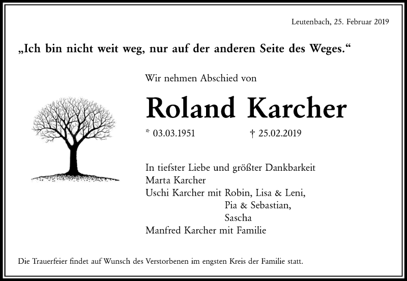  Traueranzeige für Roland Karcher vom 27.02.2019 aus Waiblinger Kreiszeitung