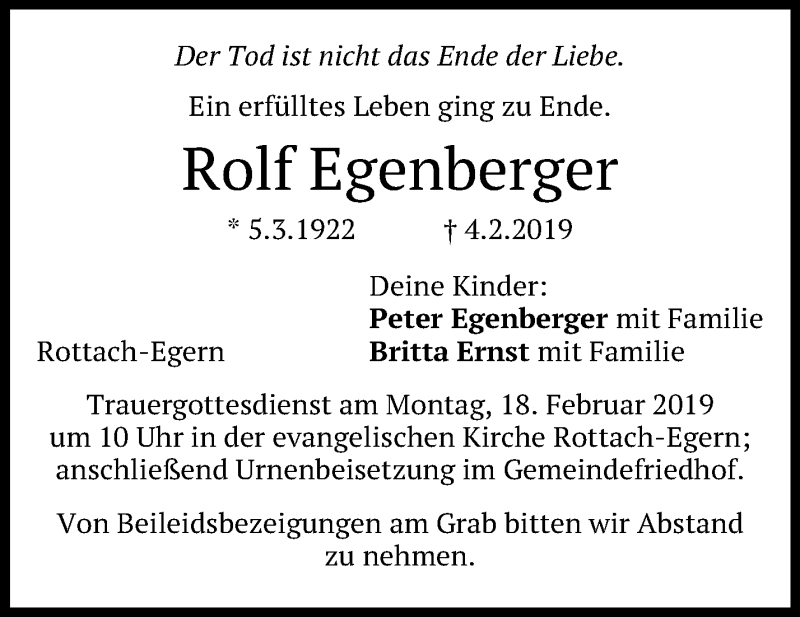  Traueranzeige für Rolf Egenberger vom 15.02.2019 aus Waiblinger Kreiszeitung