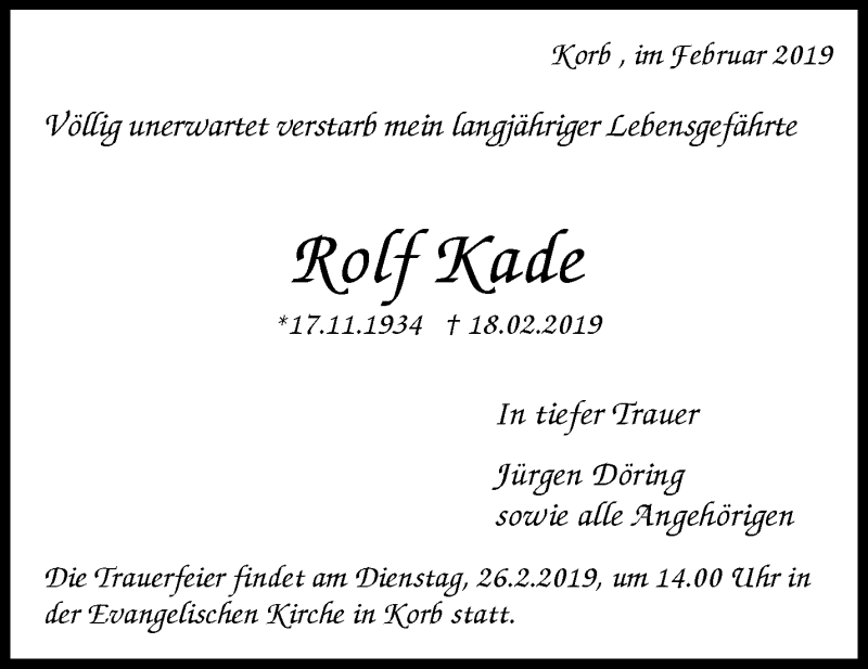  Traueranzeige für Rolf Kade vom 22.02.2019 aus Waiblinger Kreiszeitung