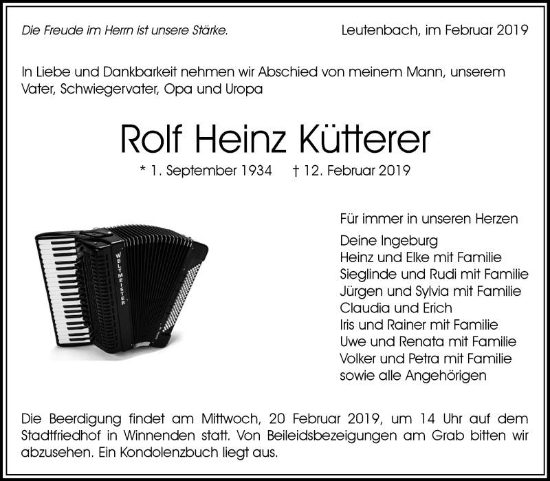  Traueranzeige für Rolf Heinz Kütterer vom 16.02.2019 aus Waiblinger Kreiszeitung