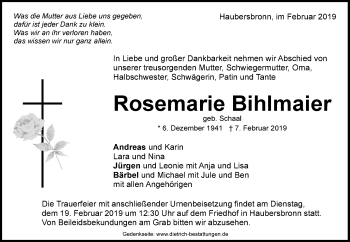 Traueranzeige von Rosemarie Bihlmaier von Waiblinger Kreiszeitung