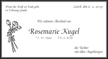 Traueranzeige von Rosemarie Kugel von Waiblinger Kreiszeitung