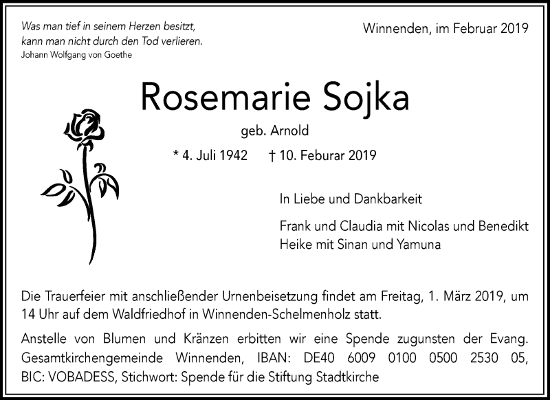  Traueranzeige für Rosemarie Sojka vom 15.02.2019 aus Waiblinger Kreiszeitung