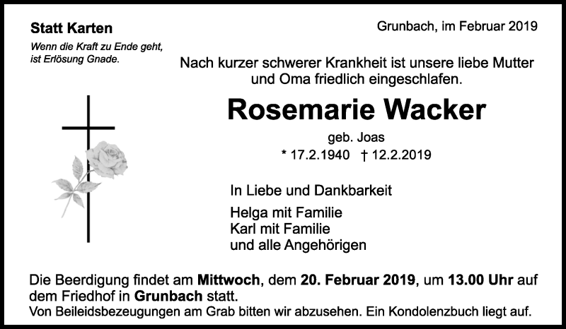  Traueranzeige für Rosemarie Wacker vom 16.02.2019 aus Waiblinger Kreiszeitung