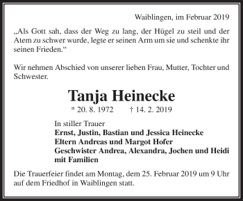 Traueranzeige von Tanja Heinecke von Waiblinger Kreiszeitung