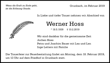 Traueranzeige von Werner Hoss von Waiblinger Kreiszeitung