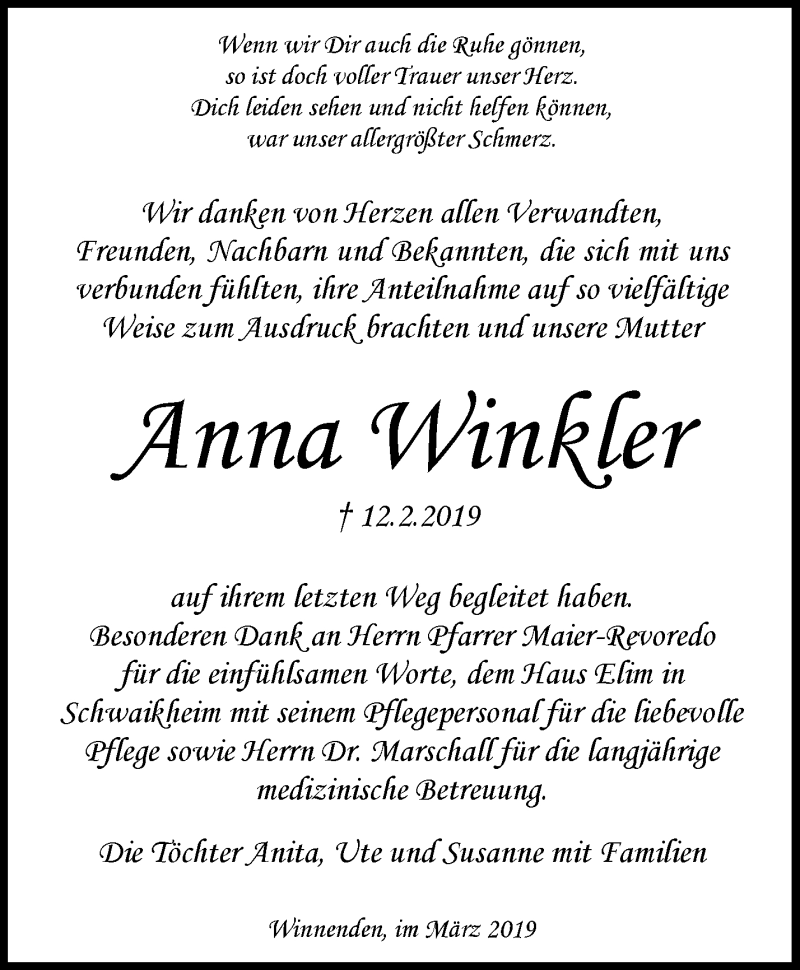  Traueranzeige für Anna Winkler vom 07.03.2019 aus Waiblinger Kreiszeitung