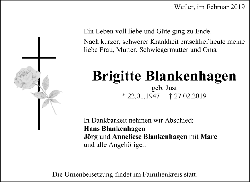  Traueranzeige für Brigitte Blankenhagen vom 04.03.2019 aus Waiblinger Kreiszeitung