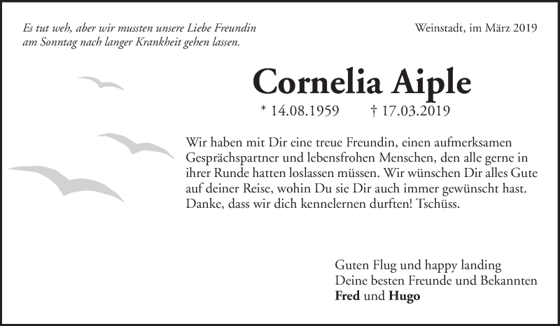  Traueranzeige für Cornelia Aiple vom 19.03.2019 aus Waiblinger Kreiszeitung