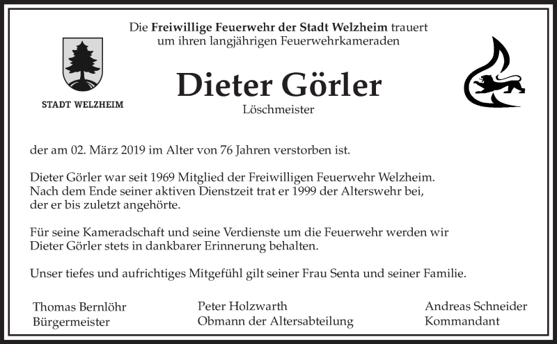  Traueranzeige für Dieter Görler vom 06.03.2019 aus Waiblinger Kreiszeitung