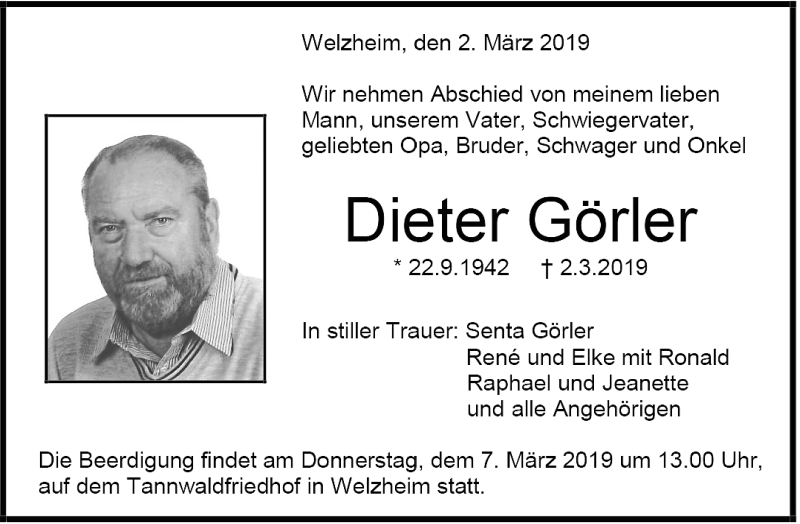  Traueranzeige für Dieter Görler vom 04.03.2019 aus Waiblinger Kreiszeitung